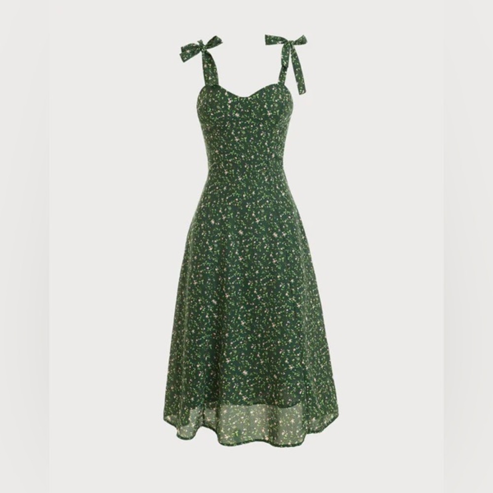 NWT Rihoas The Floral Tie Straps Midi Dress Green Size Small